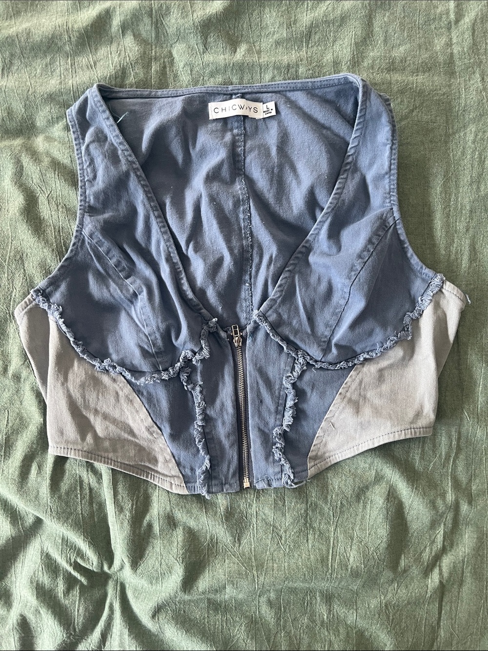ChicWys Blue and Gray Zip-Front Cropped Tank Top